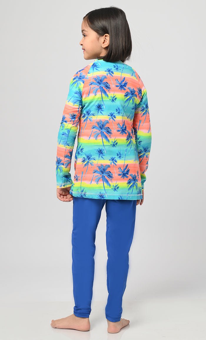 Modest Nautical Printed Girl's Swimsuit With Blue Bottom - 2Pc Set - EastEssence.com