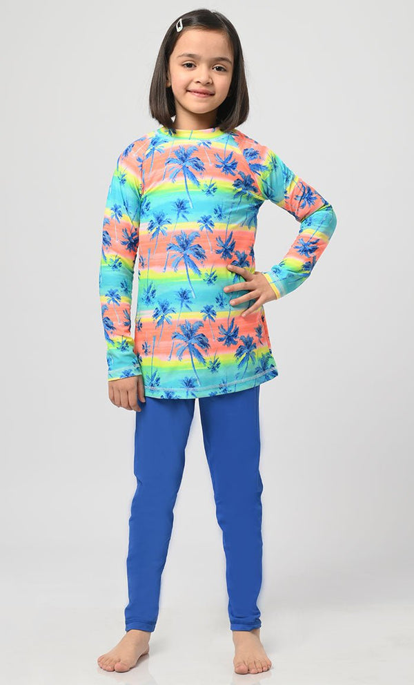 Modest Nautical Printed Girl's Swimsuit With Blue Bottom - 2Pc Set - EastEssence.com