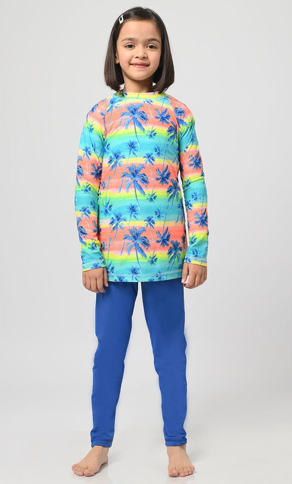 Modest Nautical Printed Girl's Swimsuit With Blue Bottom - 2Pc Set - EastEssence.com