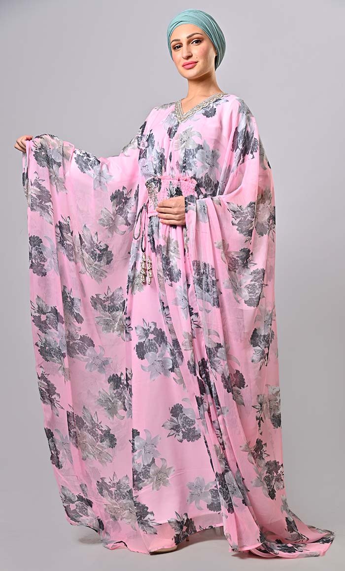 Modest pink floral printed kaftan abaya