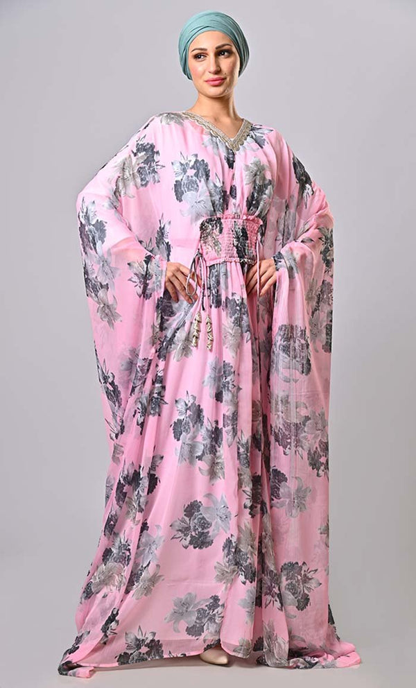Modest pink floral printed kaftan abaya