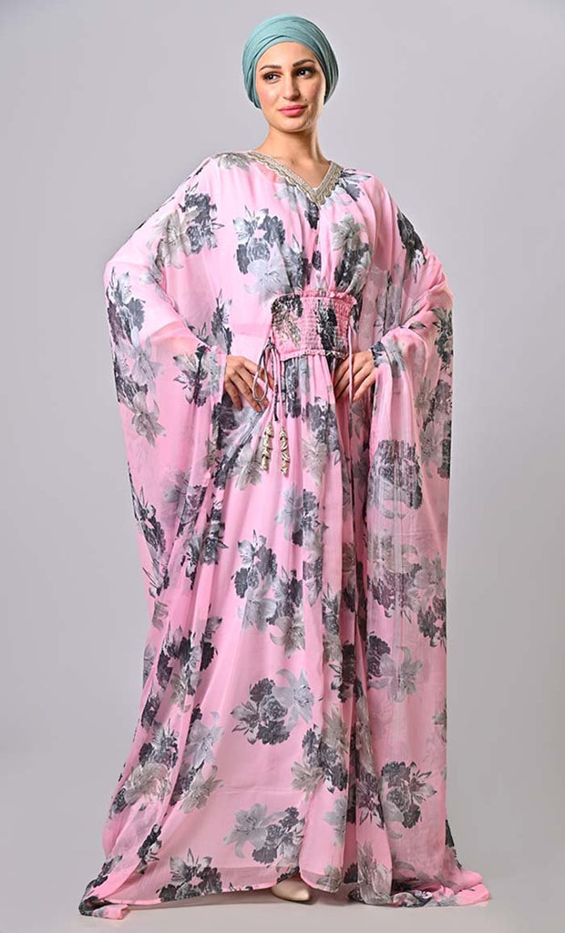 Modest pink floral printed kaftan abaya with lining and tassels - EastEssence.com