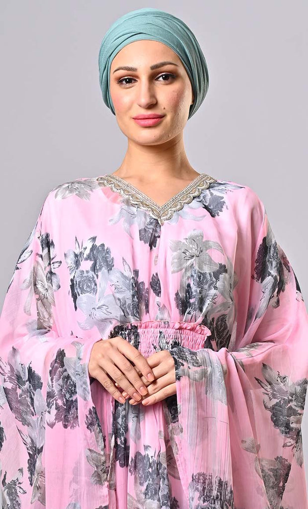Modest pink floral printed kaftan abaya with lining and tassels - EastEssence.com