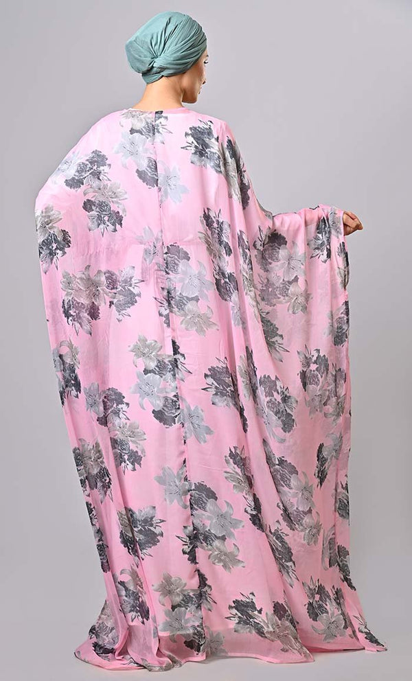 Modest pink floral printed kaftan abaya