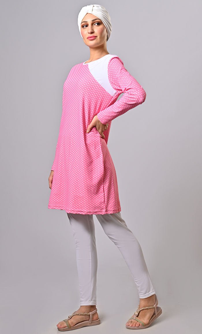 Modest Pink Polka Dot Printed Swim Wear (3Pc Set) - EastEssence.com