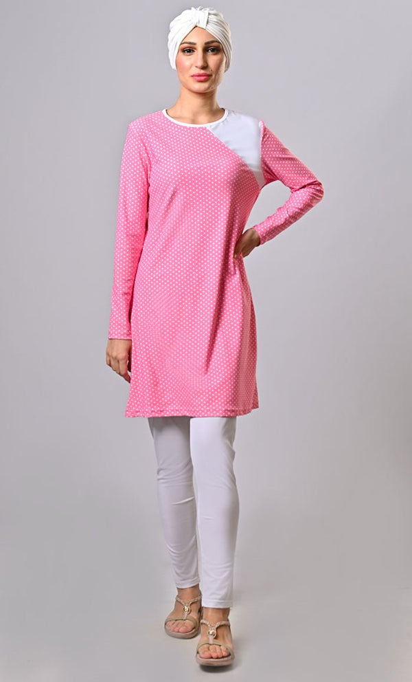 Modest Pink Polka Dot Printed Swim Wear (3Pc Set) - EastEssence.com