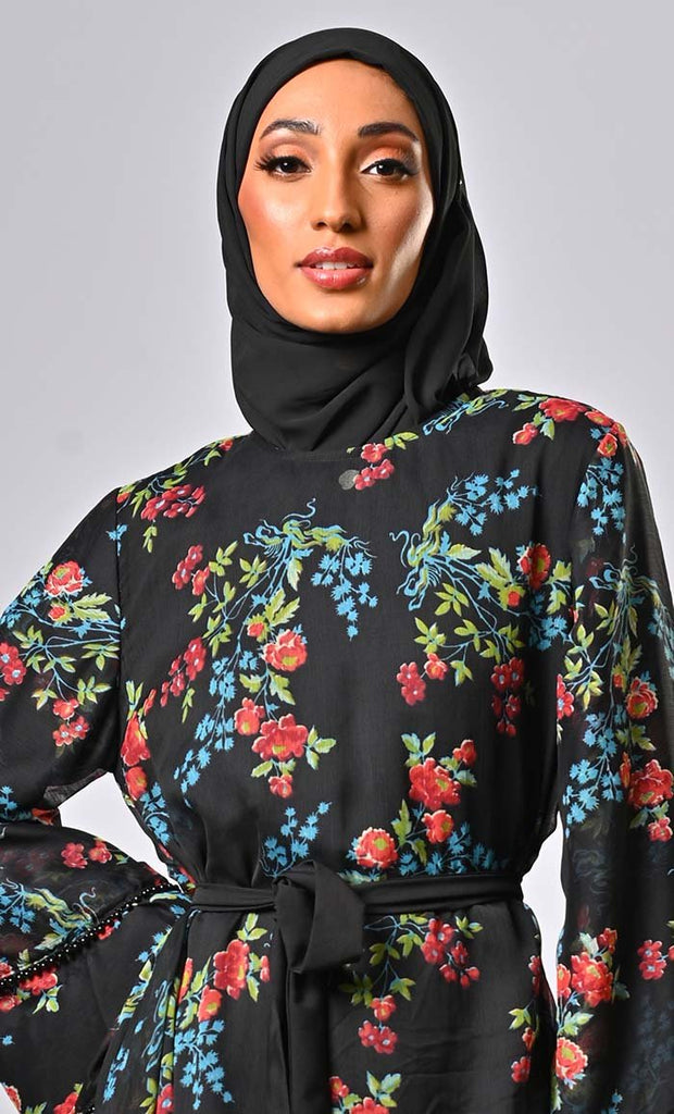 Modest tiered floral printed abaya with intricate beads on hem - EastEssence.com