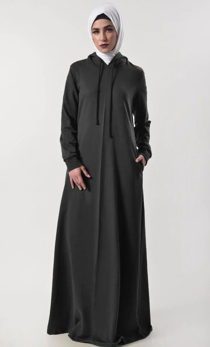 Modest Warm Fleece Hooded Abaya with Pockets
