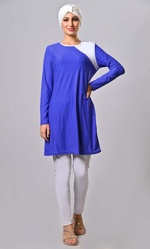 Modest Water Resistant Blue Polka Printed Swim Wear (3Pc Set) - EastEssence.com