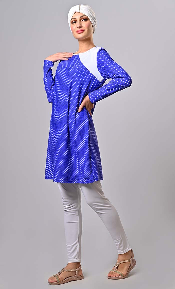 Modest Water Resistant Blue Polka Printed Swim Wear (3Pc Set) - EastEssence.com