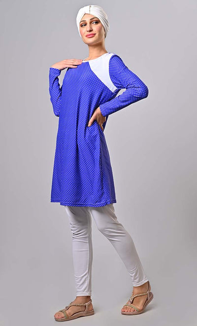Modest Water Resistant Blue Polka Printed Swim Wear (3Pc Set) - EastEssence.com