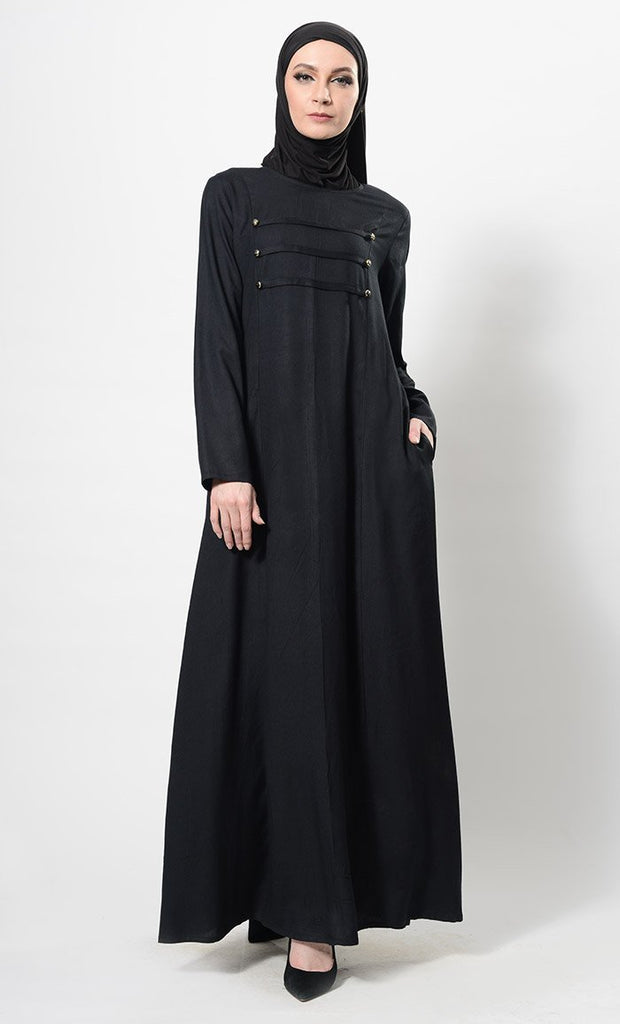 Modest Wear Pleated And Buttons Detail Abaya Dress And Hijab Set - EastEssence.com
