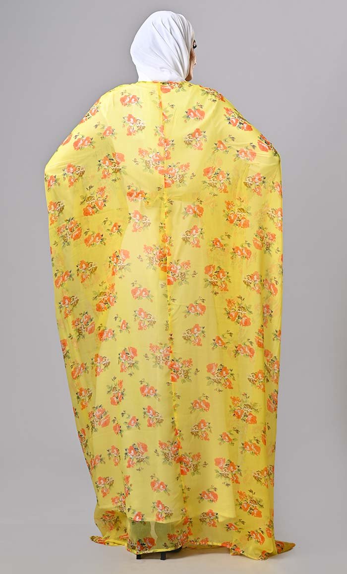 Modest yellow floral printed kaftan abaya with lining and tassels - EastEssence.com
