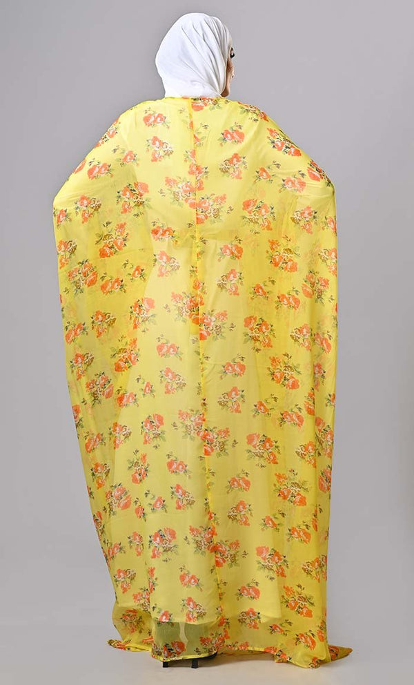 Modest yellow floral printed kaftan abaya with lining and tassels - EastEssence.com