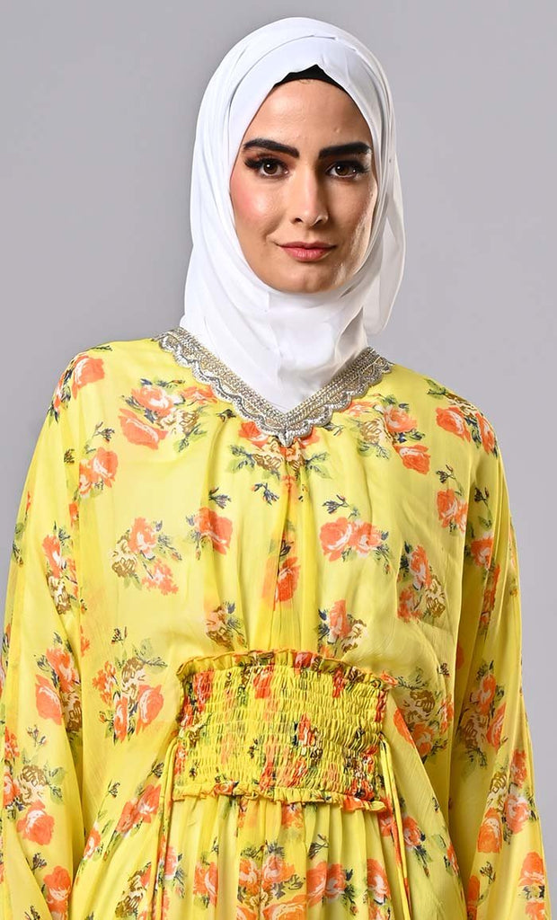 Modest yellow floral printed kaftan abaya with lining and tassels - EastEssence.com