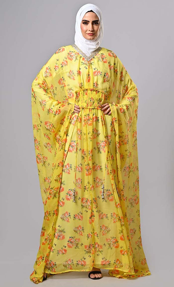 Modest yellow floral printed kaftan abaya with lining and tassels - EastEssence.com