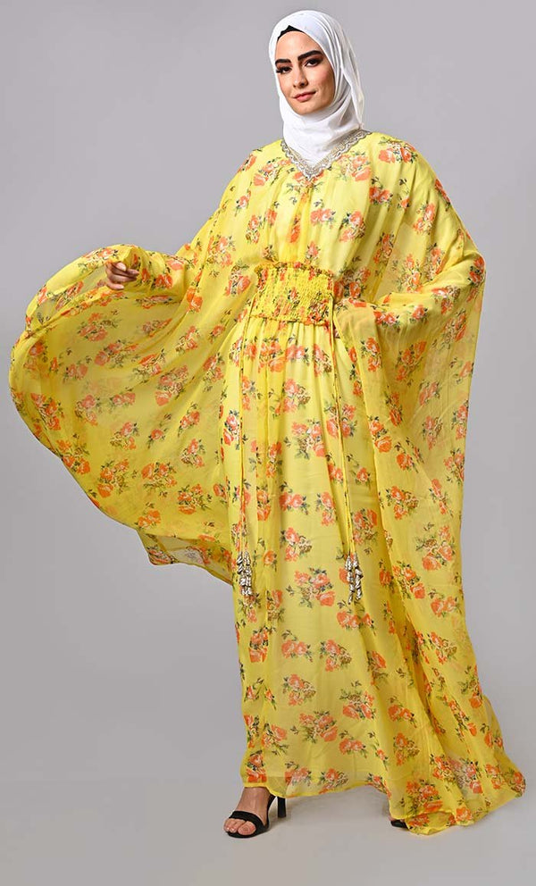 Modest yellow floral printed kaftan abaya with lining and tassels - EastEssence.com