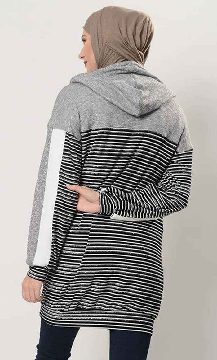 Monotone Striped Extra Long Hoodie T Shirt - EastEssence.com