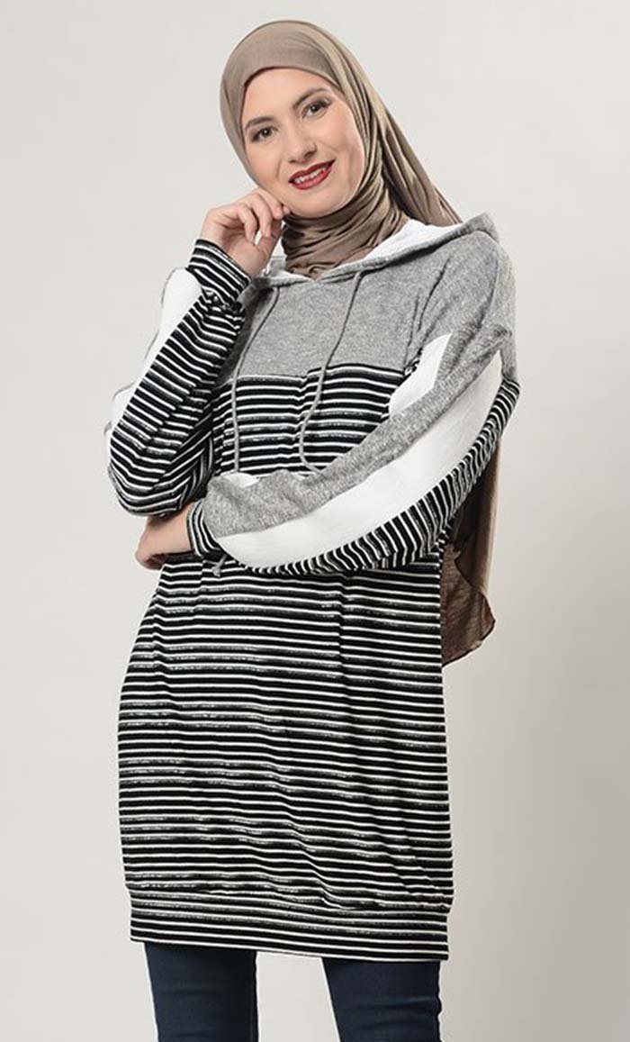 Monotone Striped Extra Long Hoodie T Shirt - EastEssence.com
