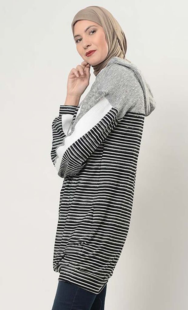 Monotone Striped Extra Long Hoodie T Shirt - EastEssence.com