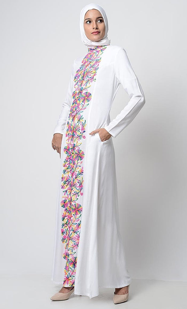 Multi-Color Thread Embroidered Abaya-White - EastEssence.com