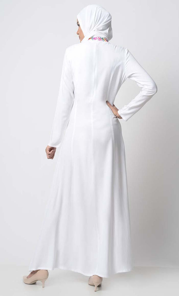 Multi-Color Thread Embroidered Abaya-White - EastEssence.com