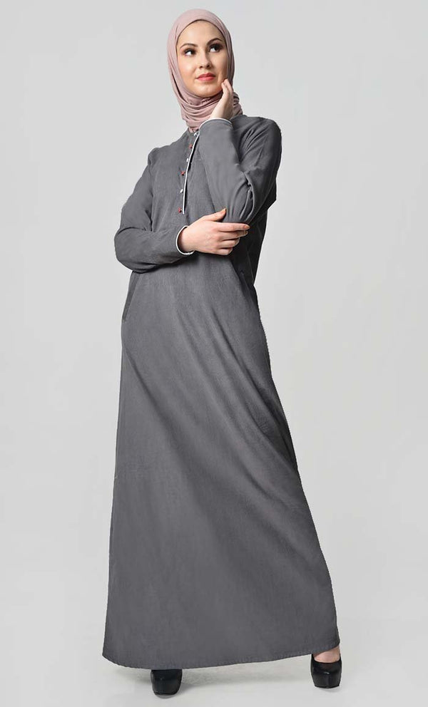 Multicolor Button Detail Abaya Dress - Grey - EastEssence.com