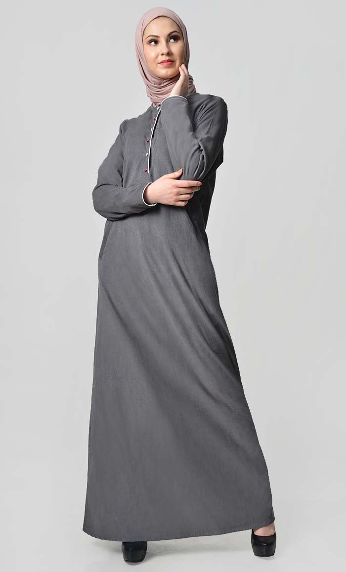 Multicolor Button Detail Abaya Dress - Grey - EastEssence.com