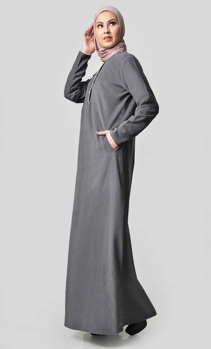 Multicolor Button Detail Abaya Dress - Grey - EastEssence.com