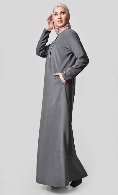 Multicolor Button Detail Abaya Dress - Grey - EastEssence.com