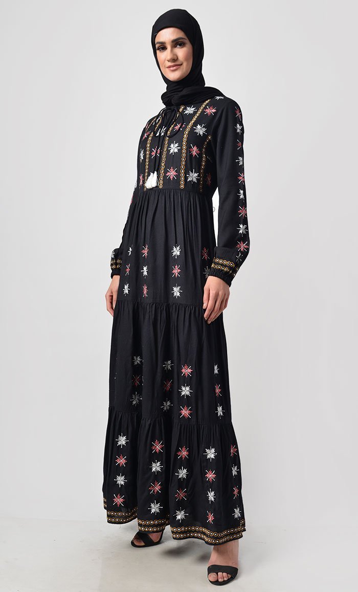 Multicolor Thread Embroidered Floral Motif Abaya - EastEssence.com
