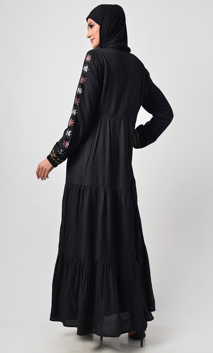 Multicolor Thread Embroidered Floral Motif Abaya - EastEssence.com