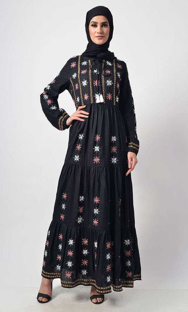 Multicolor Thread Embroidered Floral Motif Abaya - EastEssence.com