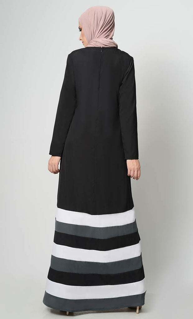 Multicolor Tier Matched Lining Abaya-Black - EastEssence.com
