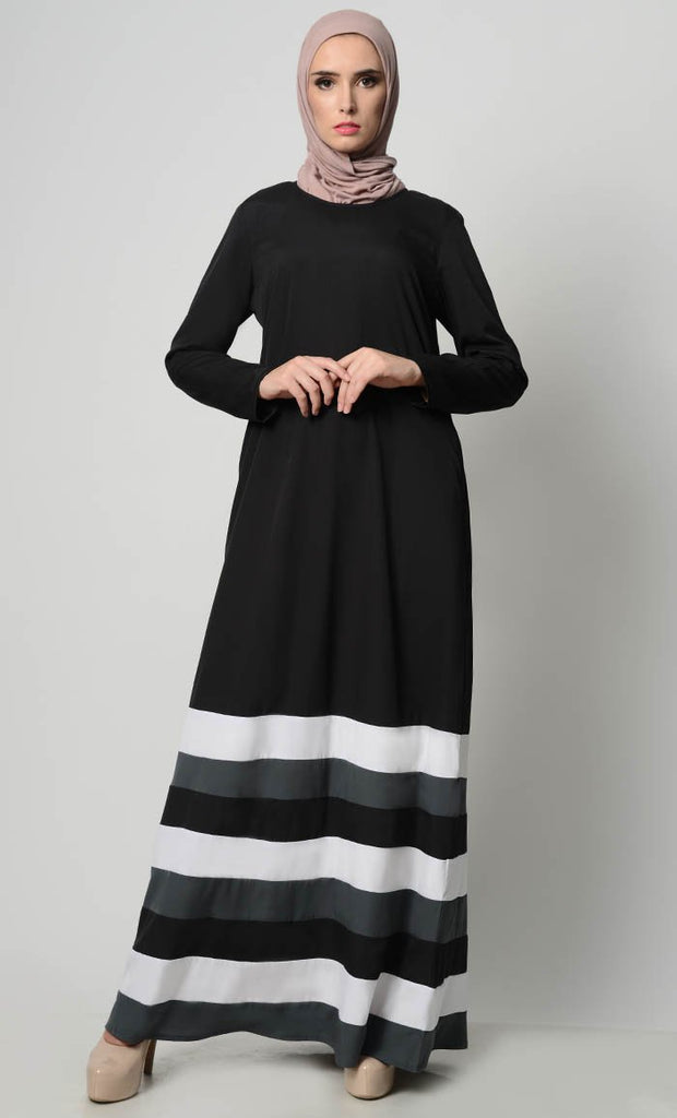 Multicolor Tier Matched Lining Abaya-Black - EastEssence.com