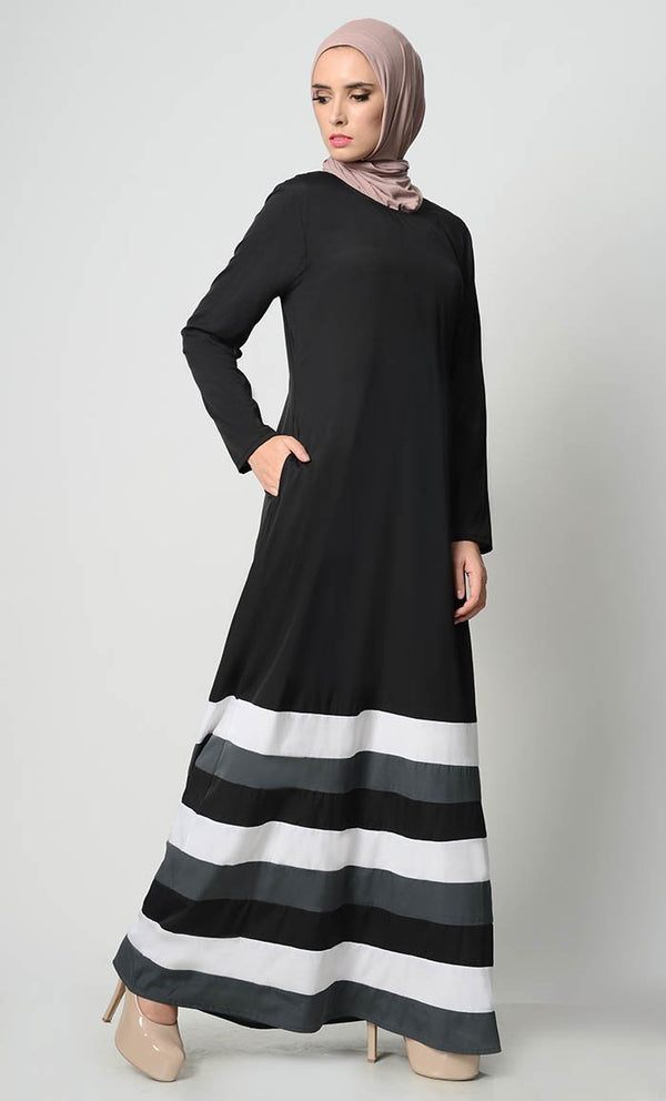 Multicolor Tier Matched Lining Abaya-Black - EastEssence.com