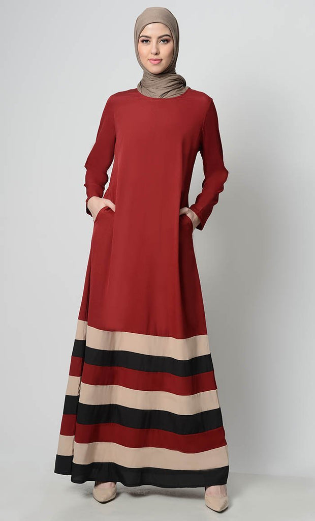 Multicolor Tier Matched Lining Abaya-Crimson - EastEssence.com