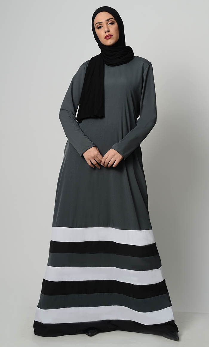 Multicolor Tier Matched Lining Abaya – Grey