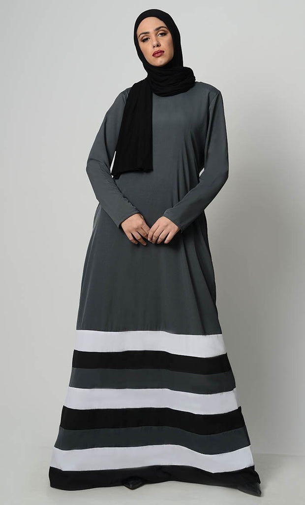 Multicolor Tier Matched Lining Abaya-Grey - EastEssence.com