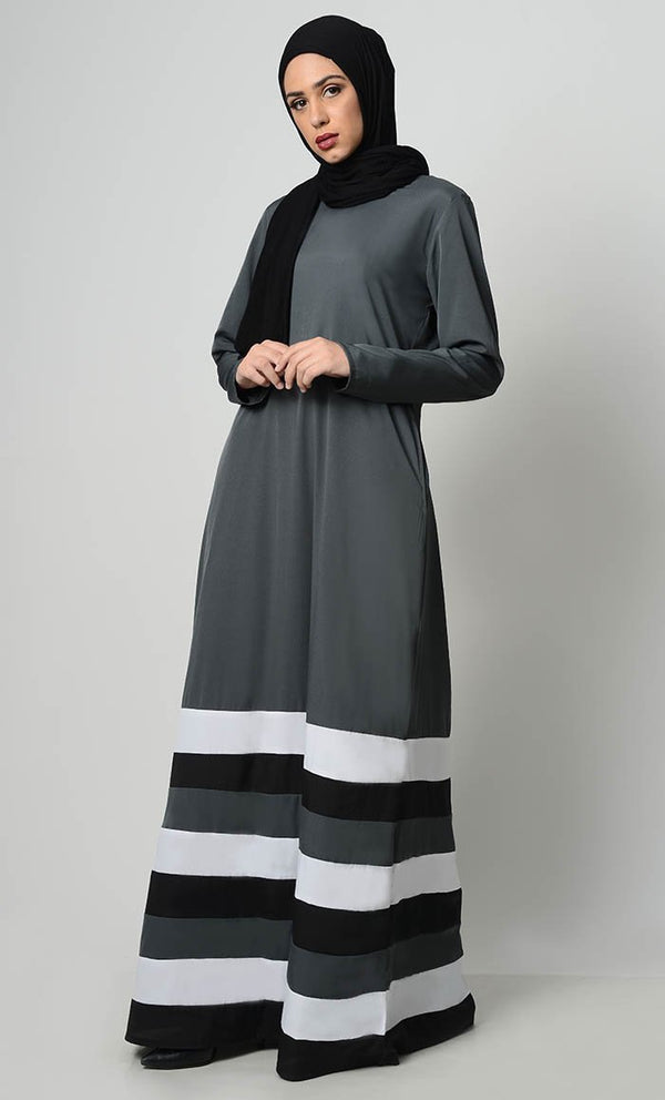 Multicolor Tier Matched Lining Abaya-Grey - EastEssence.com