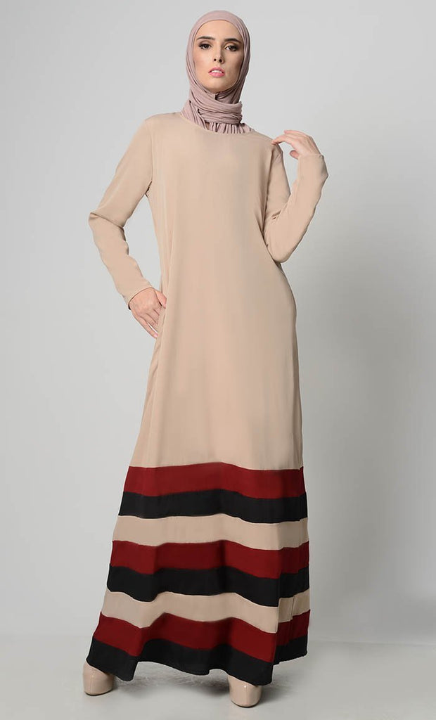 Multicolor Tier Matched Lining Abaya-Sand - EastEssence.com
