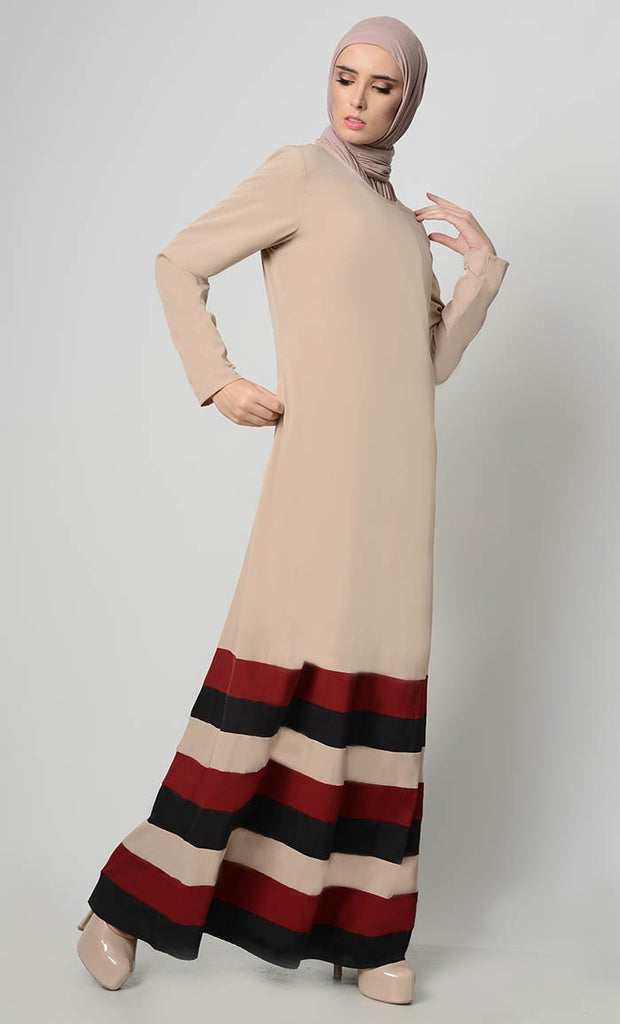Multicolor Tier Matched Lining Abaya-Sand - EastEssence.com