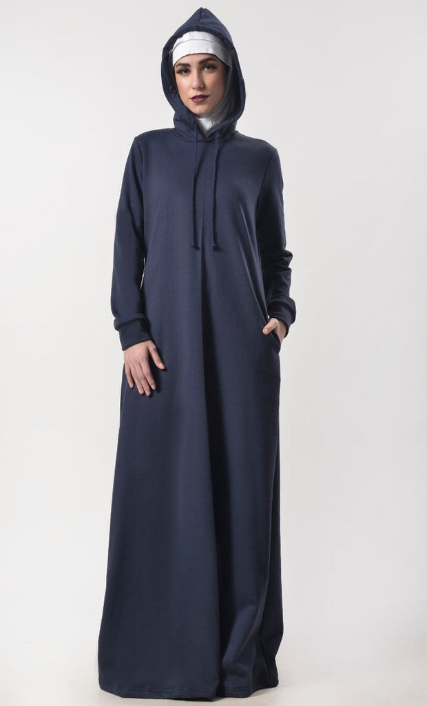 Navy Fleece Warm Hoody Abaya With Pockets - EastEssence.com