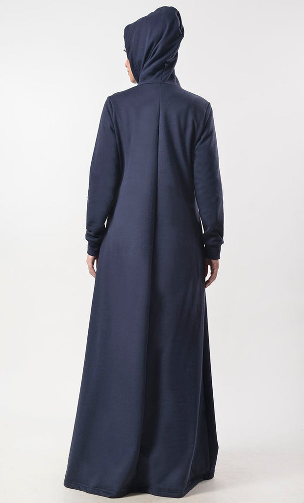 Navy Fleece Warm Hoody Abaya With Pockets - EastEssence.com