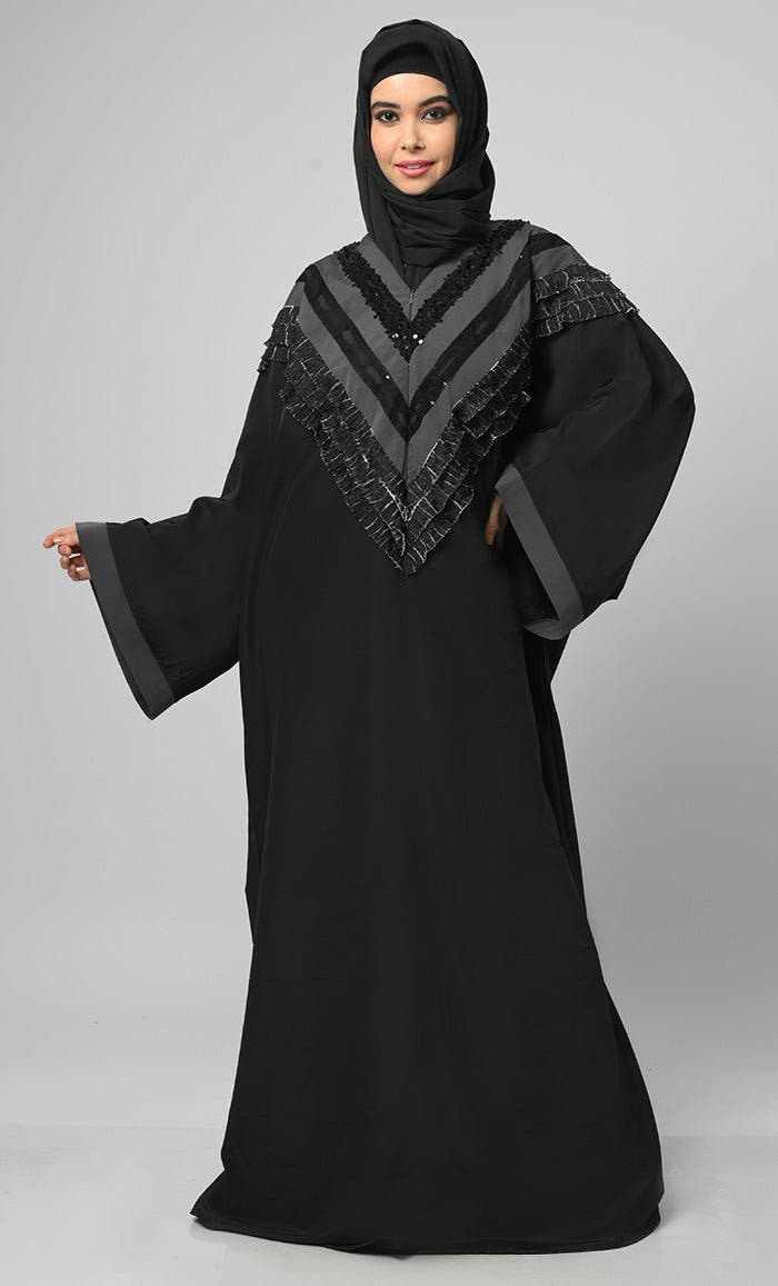 Nazneen Black Intricate Lace Detail Kaftan Long Abaya