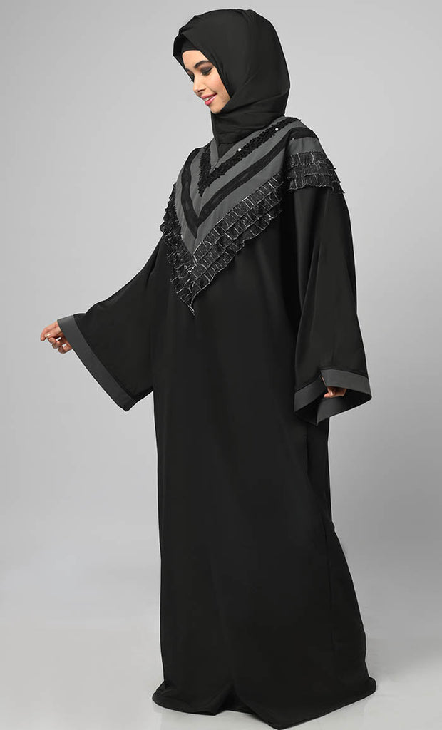 Nazneen Black Intricate Lace Detailing Kaftan Long Abaya - EastEssence.com