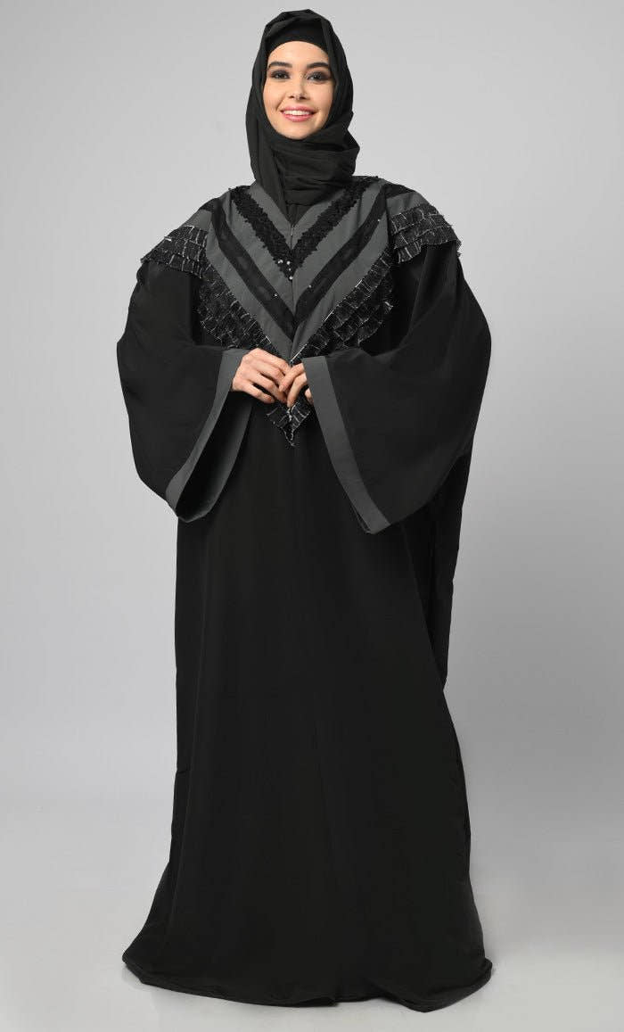 Nazneen Black Intricate Lace Detailing Kaftan Long Abaya - EastEssence.com
