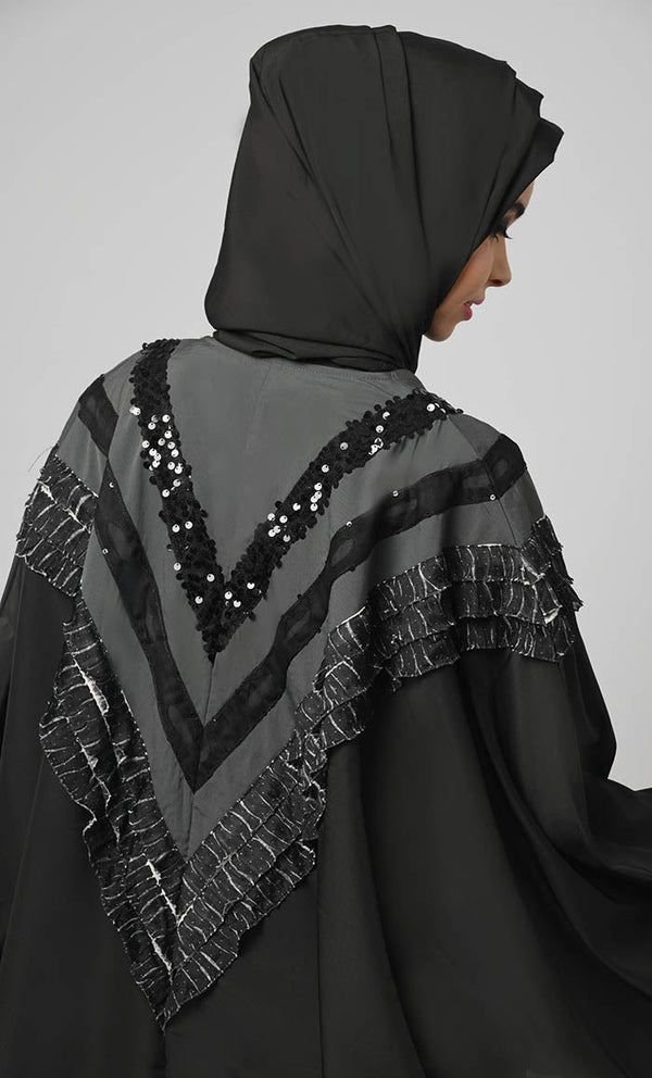 Nazneen Black Intricate Lace Detailing Kaftan Long Abaya - EastEssence.com