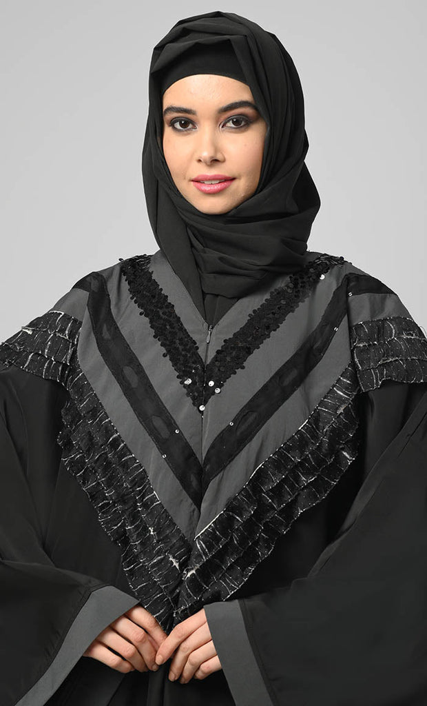 Nazneen Black Intricate Lace Detailing Kaftan Long Abaya - EastEssence.com