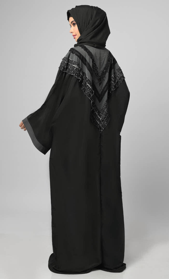 Nazneen Black Intricate Lace Detailing Kaftan Long Abaya - EastEssence.com